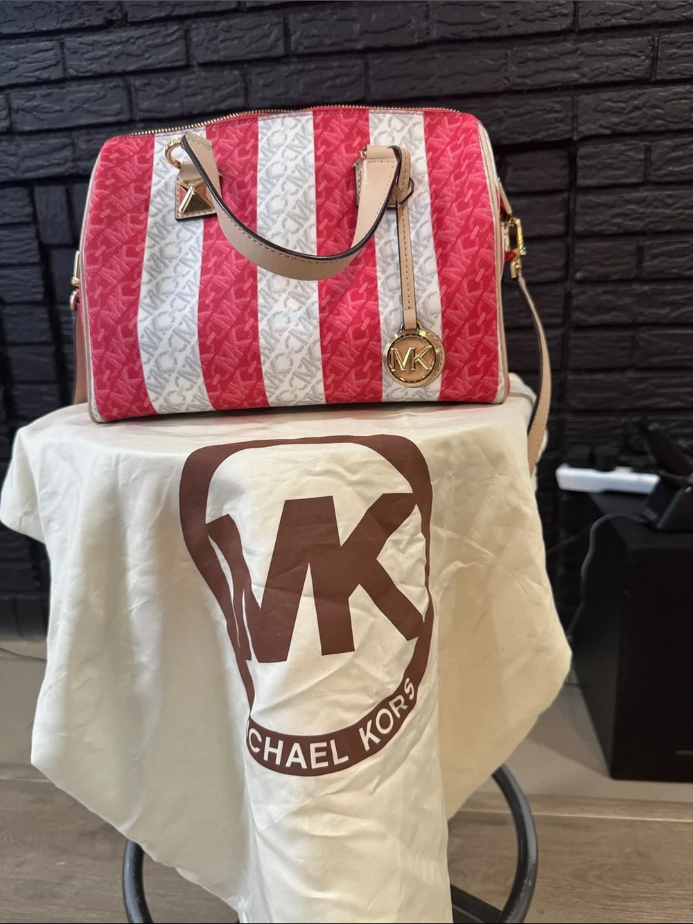 Michael Kors Pink and White Striped Satchel with Gold Hardware